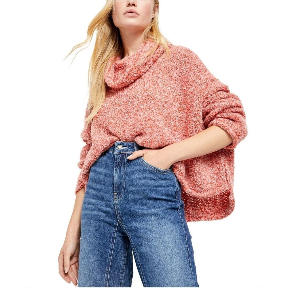 Free people BFF knit cowl neck sweater scarlet flame pink small oversized